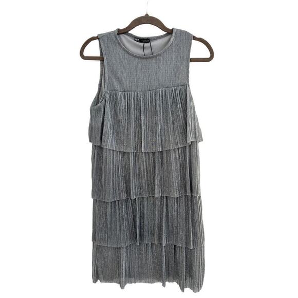 NWT Zara Tiered Knee Length Shift Dress Pullover Silver Gray Women's Size Medium - Picture 2 of 4